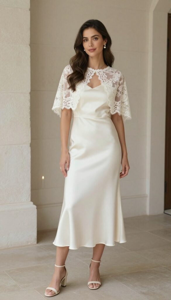 Woman in ivory satin A-line wedding dress with lace-trimmed cape, standing in a stone chapel with candlelight.