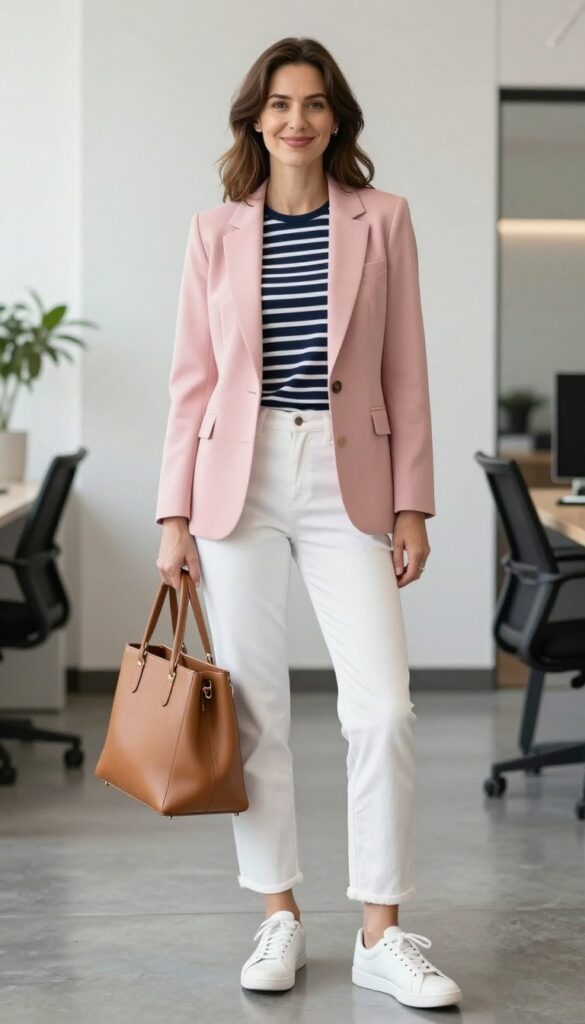 7. Pastel Pink Blazer + White Jeans + Striped Top