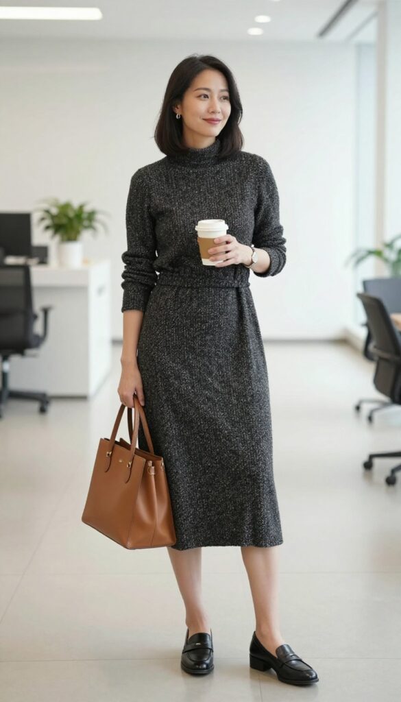 11. The High-Neck Midi Dress with Heeled Loafers