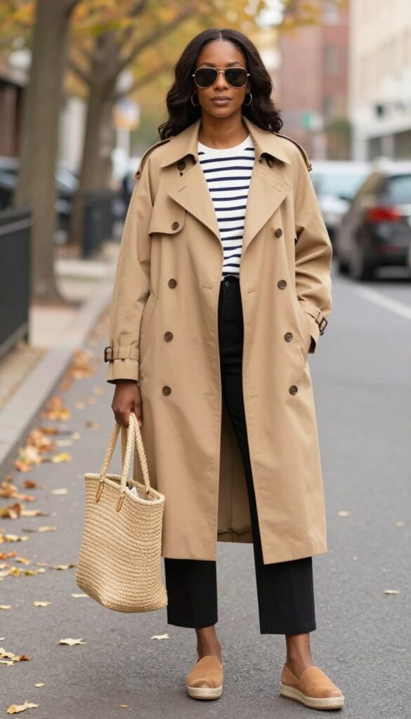 8. Trench Coat + Striped Breton Top + Cropped Pants + Espadrilles