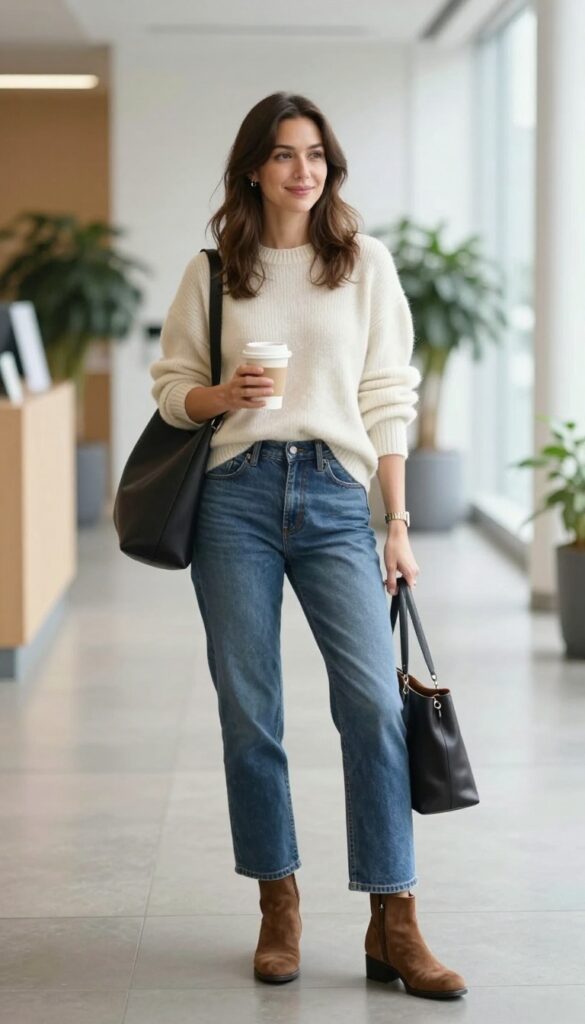 2. Cozy Knit Sweater with Straight-Leg Jeans