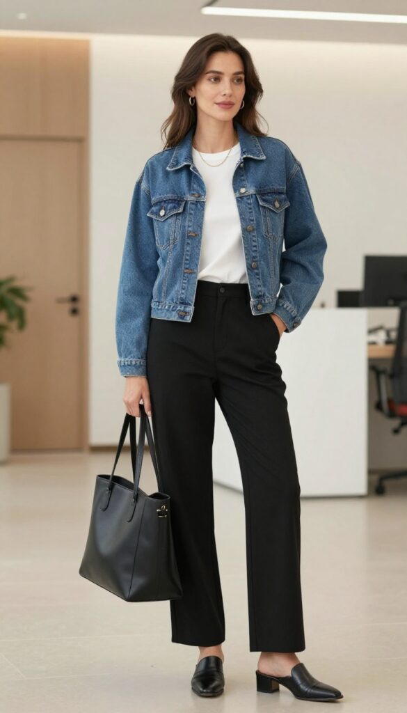 7. Denim Jacket + White Tee + Black Trousers