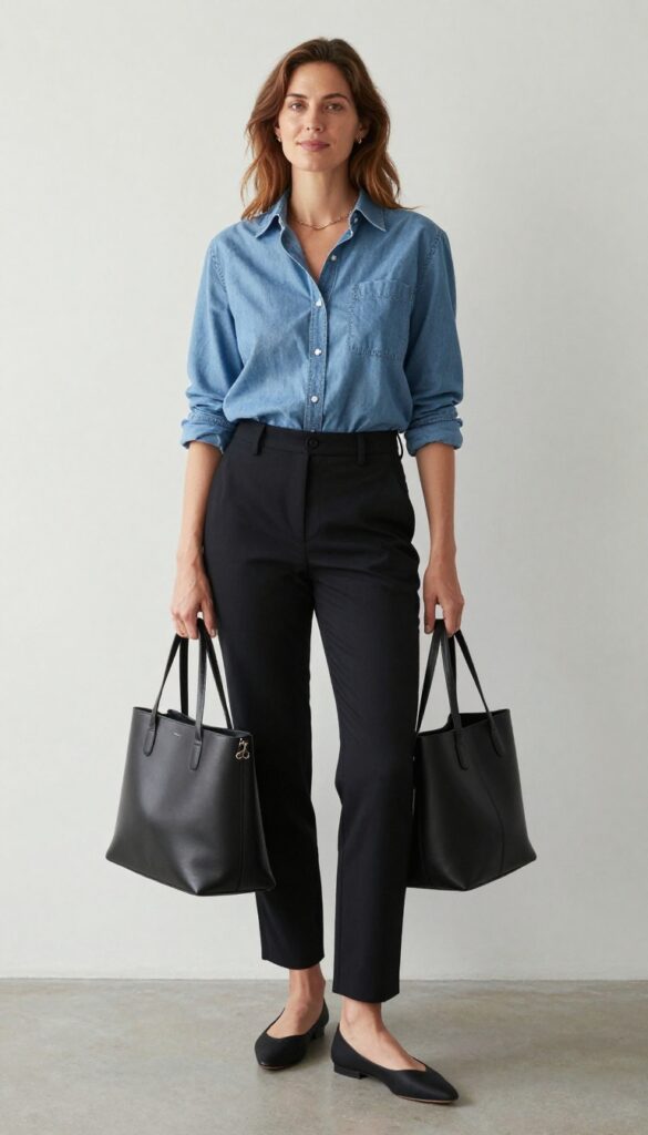 14. Chambray Shirt + Black Trousers + Ballet Flats