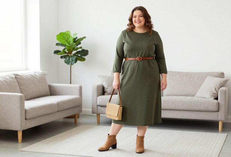 Plus size woman in olive green midi dress with belt and ankle boots, standing in a bright living room