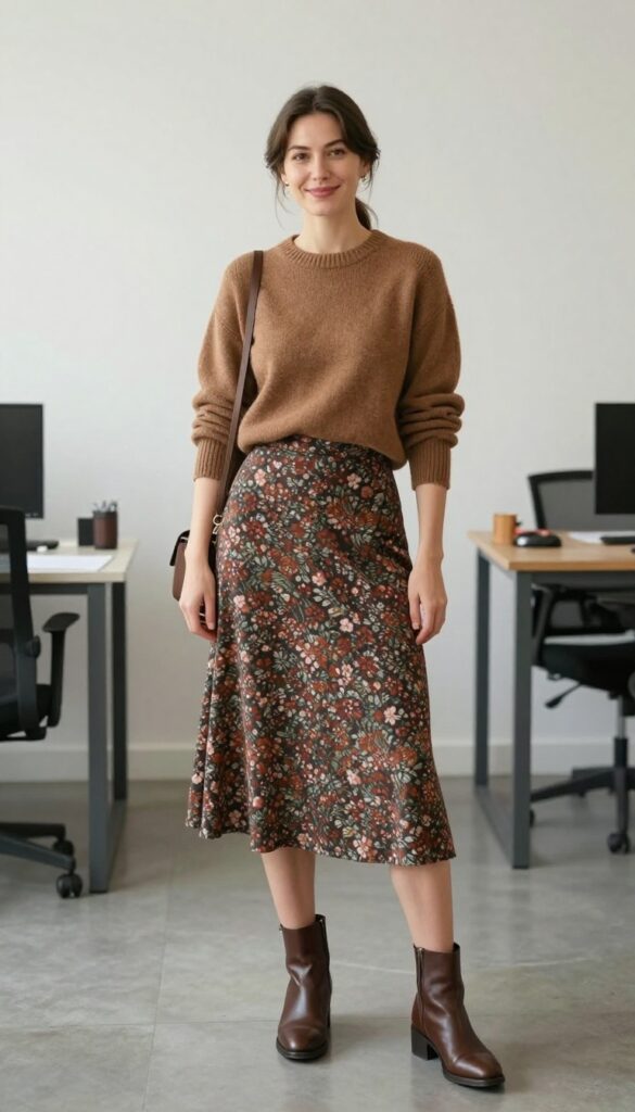 10. Brown Cropped Sweater with a Midi A-Line Skirt