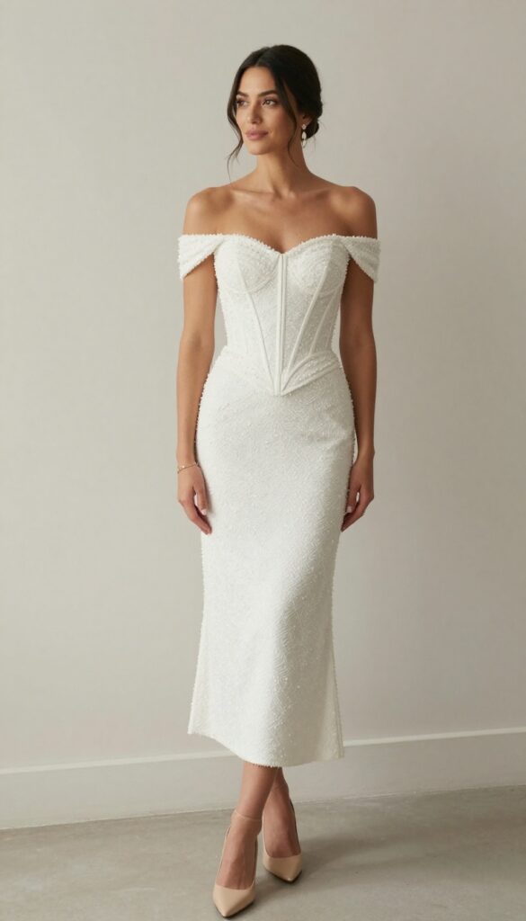 Woman in embellished off-the-shoulder corset wedding dress with beaded details and fit-and-flare skirt, standing in a ballroom