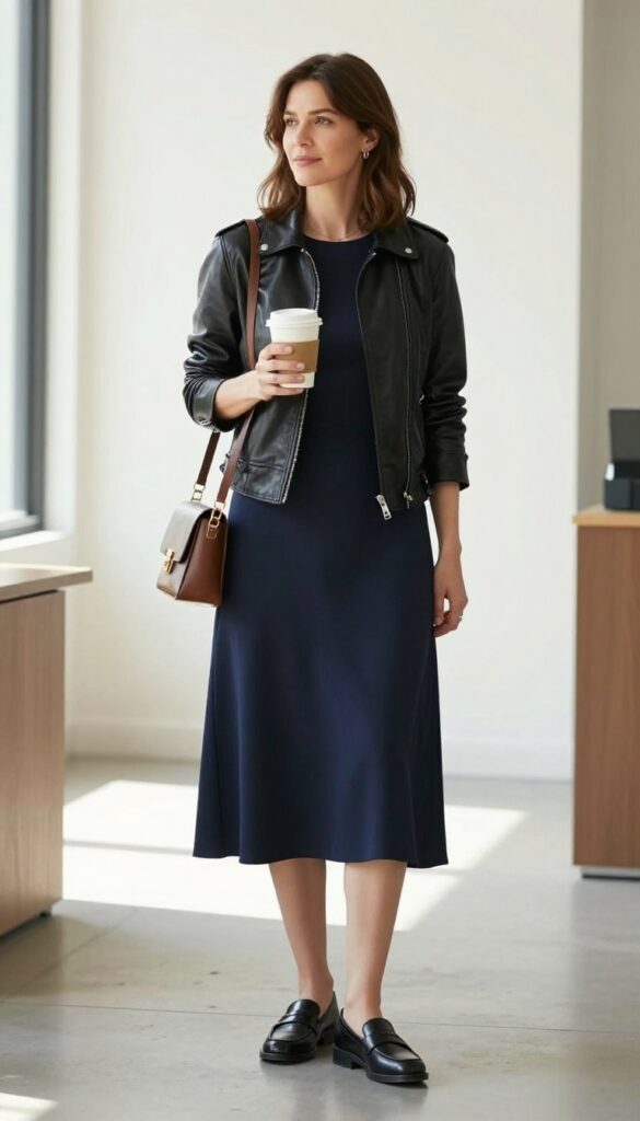 15. Leather Jacket + Midi Dress + Loafers