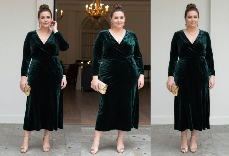 Plus size woman in green velvet wrap gown with gold clutch and earrings at a formal event