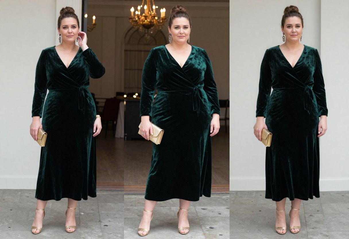 Plus size woman in green velvet wrap gown with gold clutch and earrings at a formal event