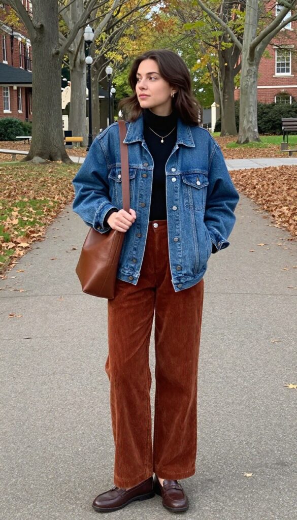 4. Denim Jacket with a Turtleneck, Corduroy Pants, and Loafers