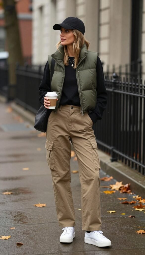 10. Puffer Vest with Long-Sleeve Tee and Cargo Pants