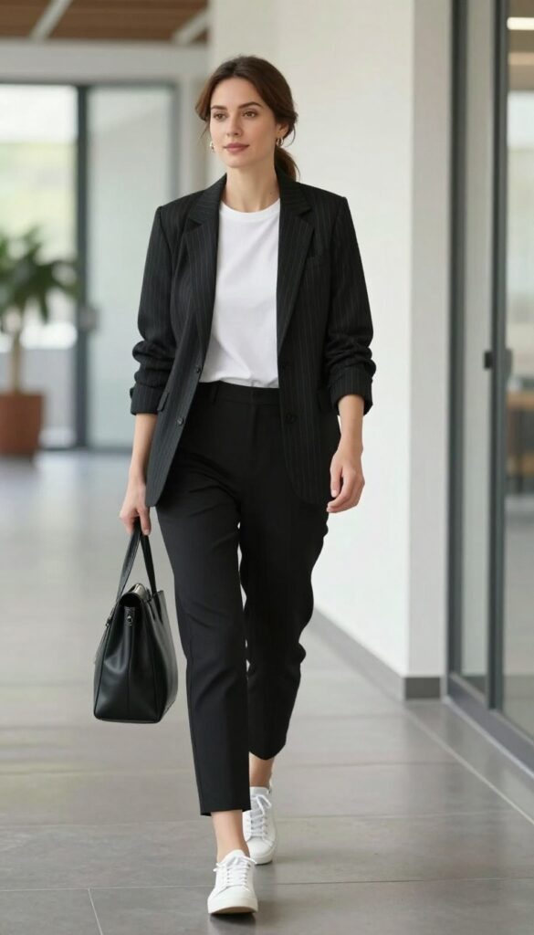 10. Pinstripe Blazer + White Tee + Black Ankle Pants