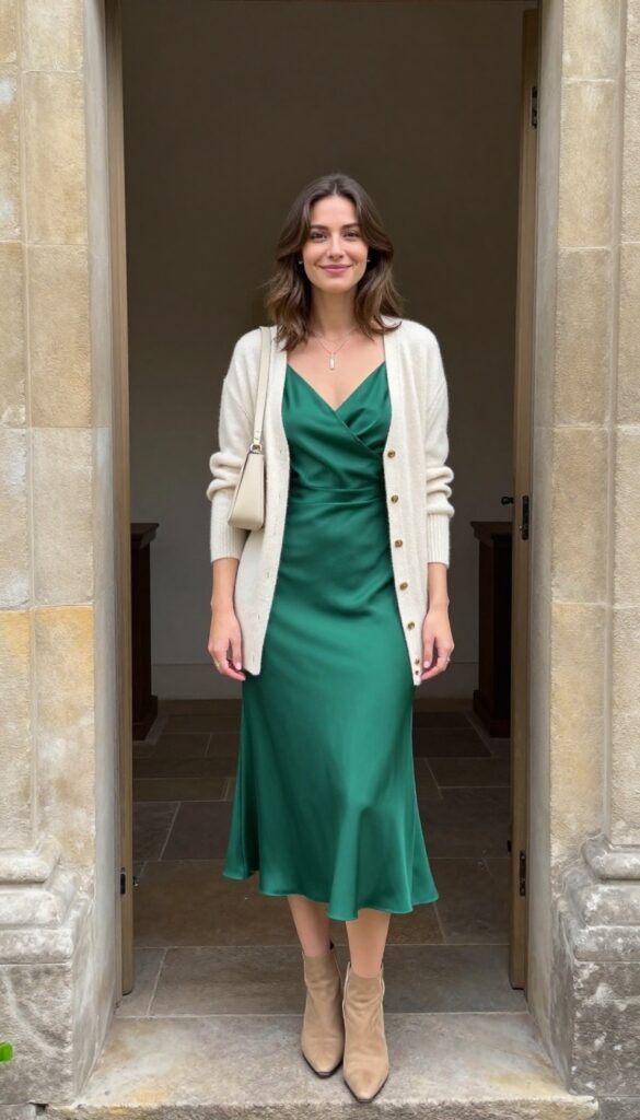 Woman in emerald green satin empire waist dress with cream cardigan, tan ankle boots, and cream crossbody bag standing in a stone chapel doorway