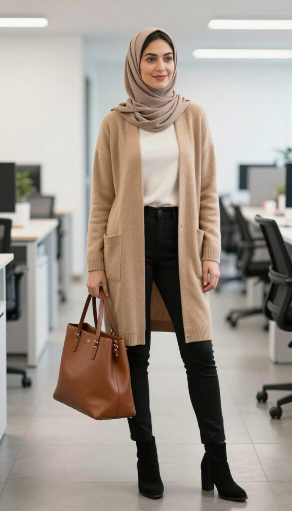 15. Maxi Cardigan + Skinny Pants + Heeled Booties