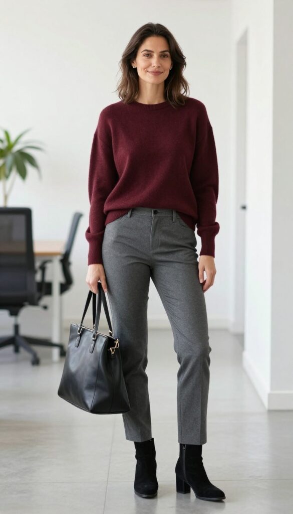 10. Burgundy Sweater + Gray Bootcut Pants + Block Heels