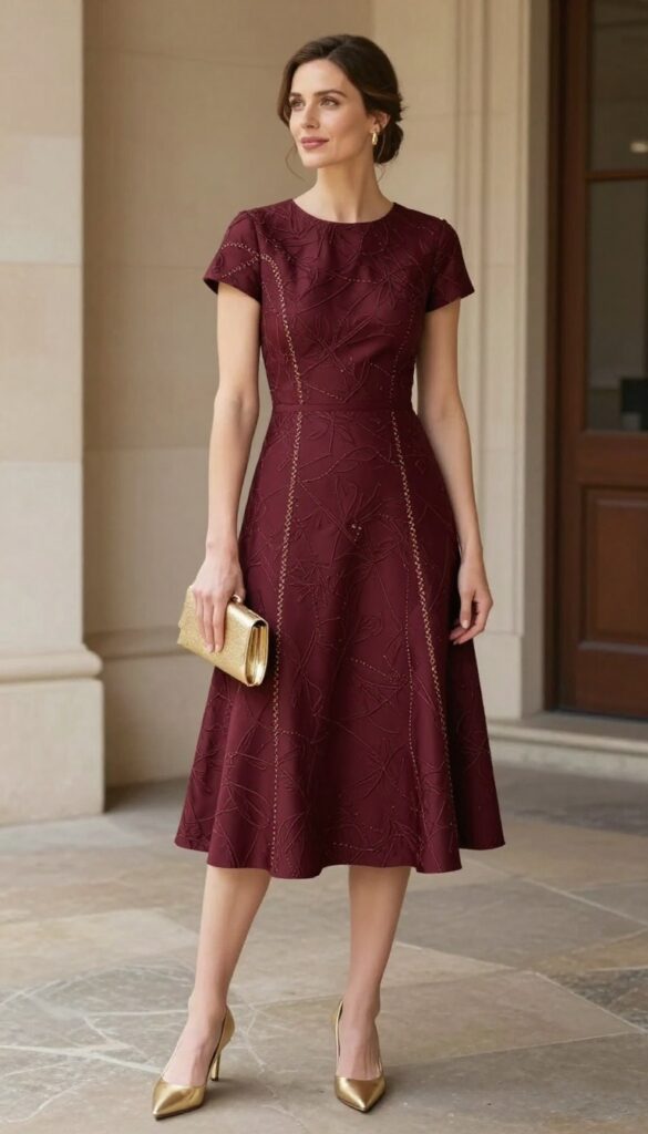 Woman in burgundy brocade A-line dress with gold accents at a formal wedding venue