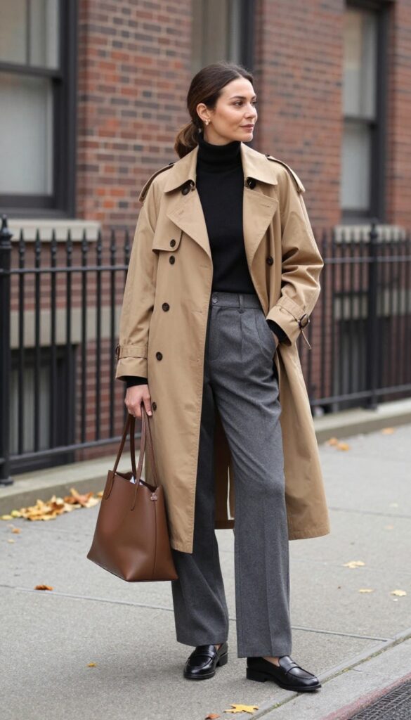 3. Trench Coat Over a Turtleneck and Wide-Leg Trousers