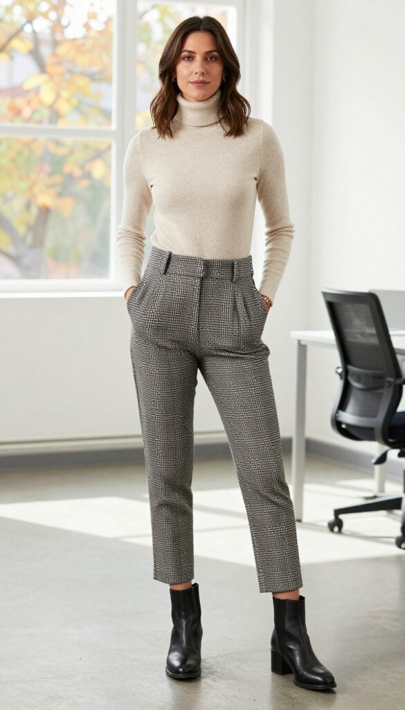 2. Turtleneck Sweater + Plaid Trousers + Ankle Boots