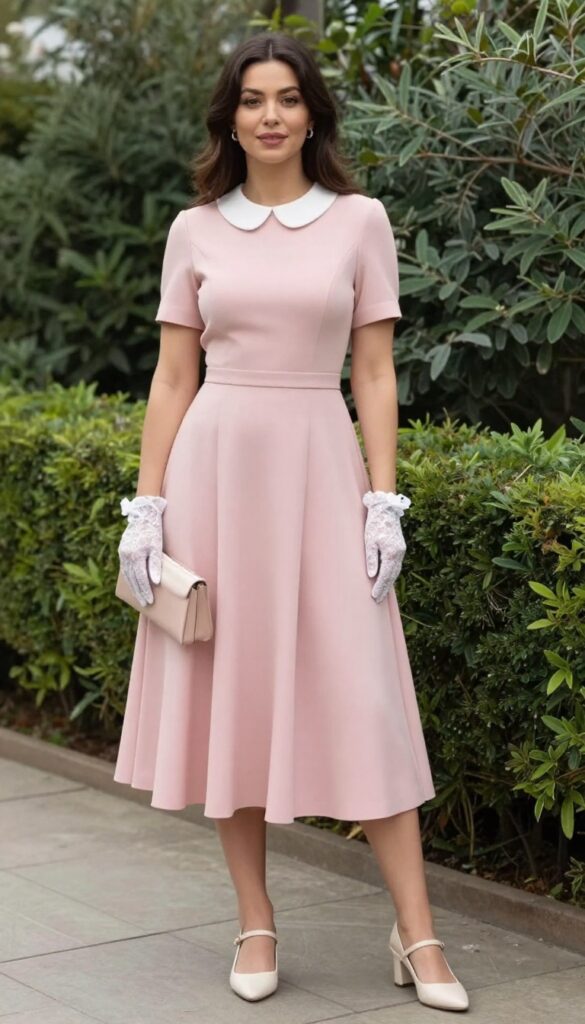 Woman in soft pink tea-length dress with Peter Pan collar, lace gloves, Mary Jane heels, and blush clutch in garden