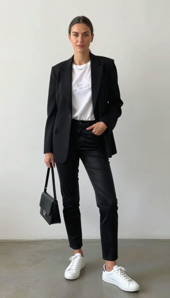 10. Blazer + Graphic Tee + Leather Pants + Sneakers