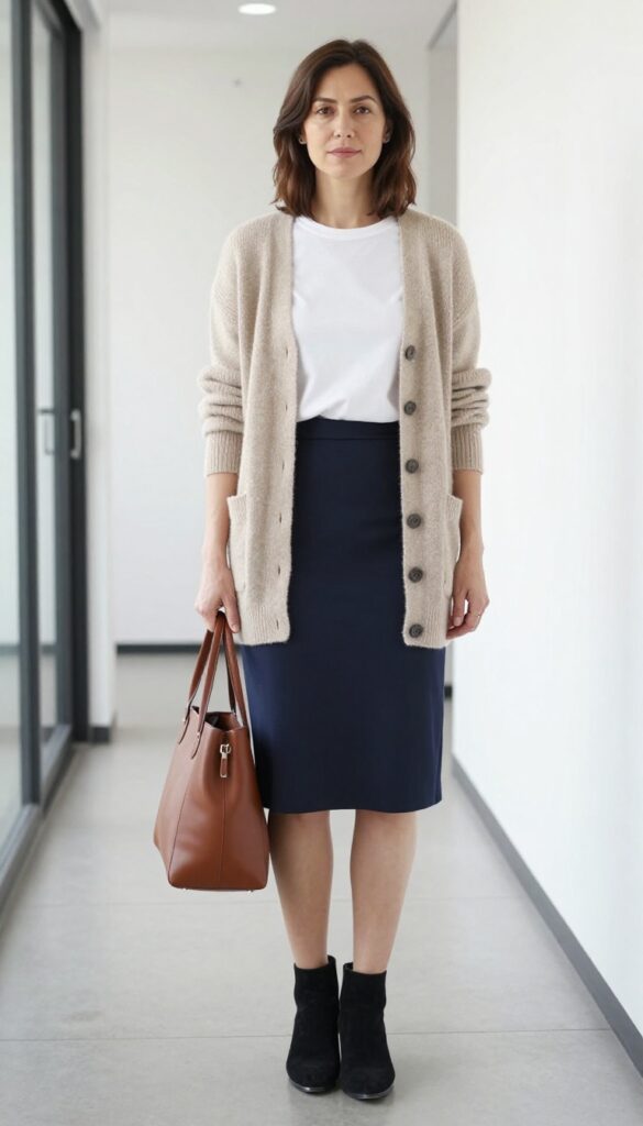 6. Chunky Cardigan with a Midi Slip Skirt