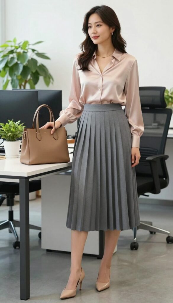 4. Blush Blouse + Gray Pleated Skirt + Nude Heels