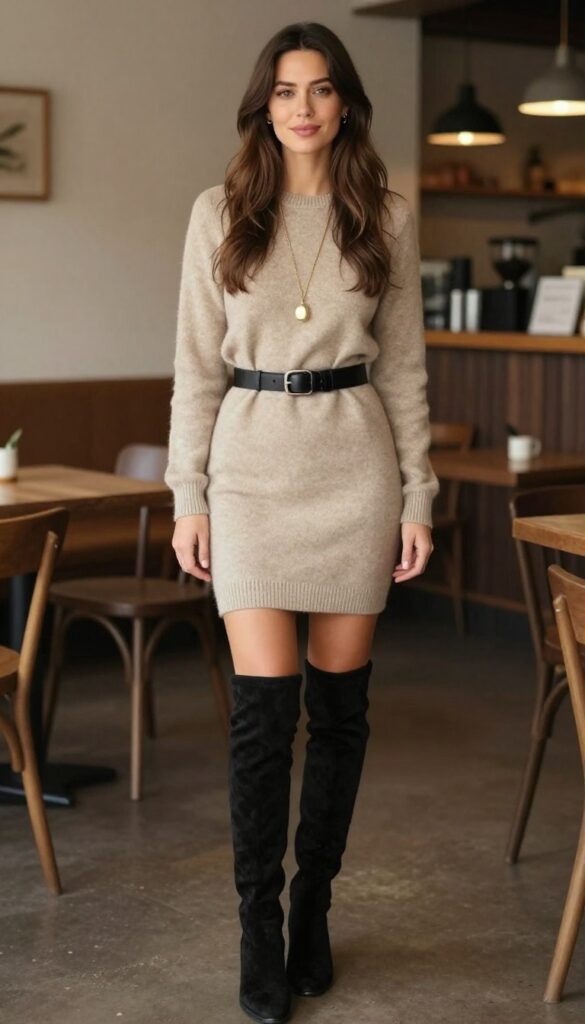 10. Knit Dress + Belt + Over-the-Knee Boots