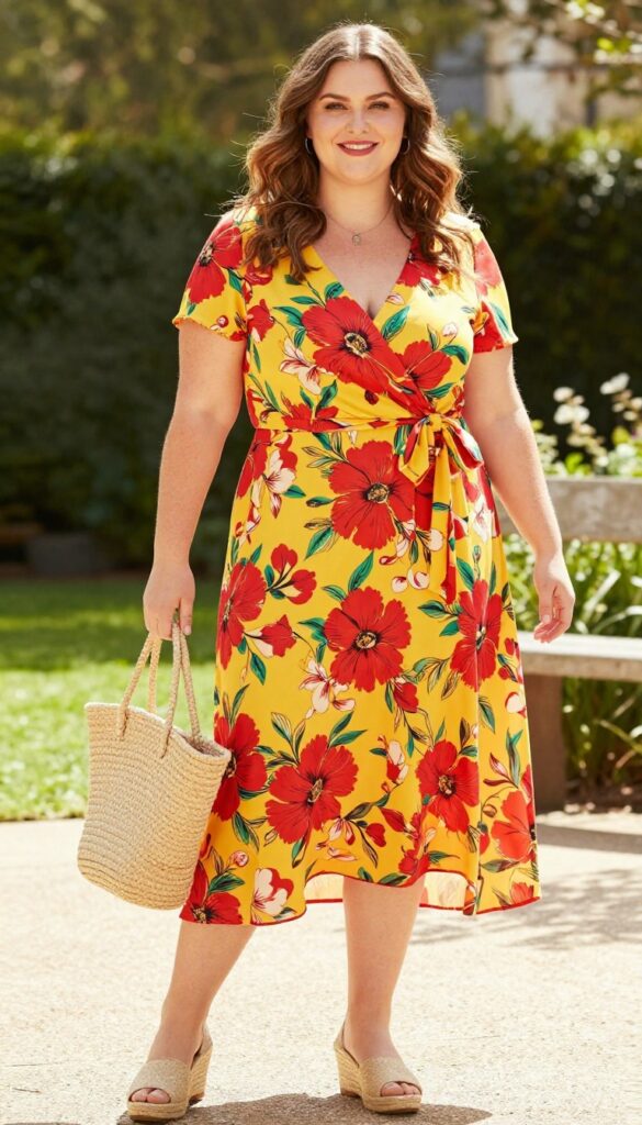 3. Floral Wrap Dress with Espadrille Wedges