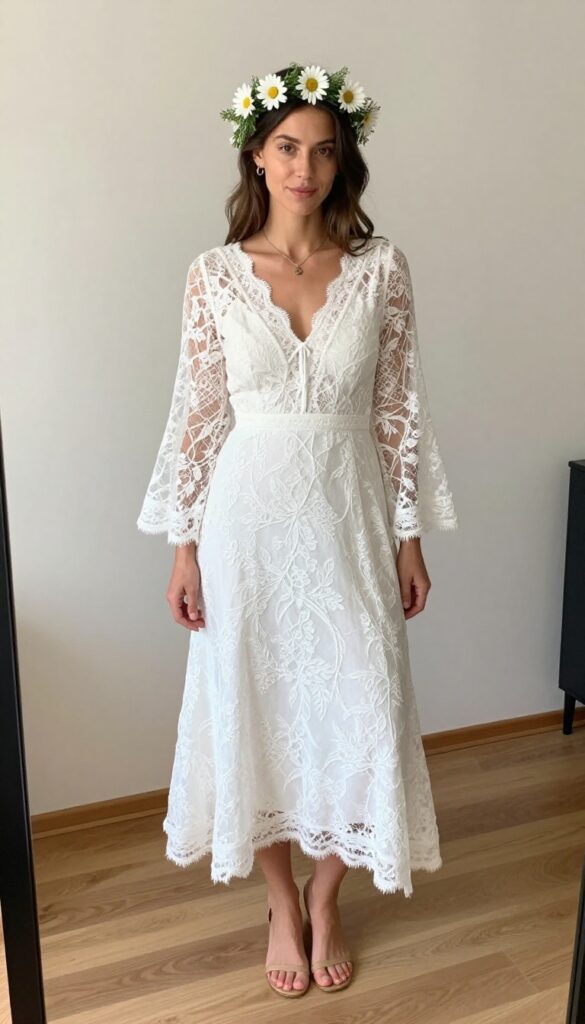 Relaxed bride in late 20s with wavy brown hair wearing white boho lace A-line wedding dress with bell sleeves, standing in sunlit meadow with wildflowers, flower crown, barefoot sandals, natural makeup, soft smile, looking slightly to side, warm golden hour light.