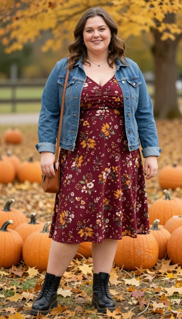 5. Denim Jacket + Floral Midi Dress + Combat Boots