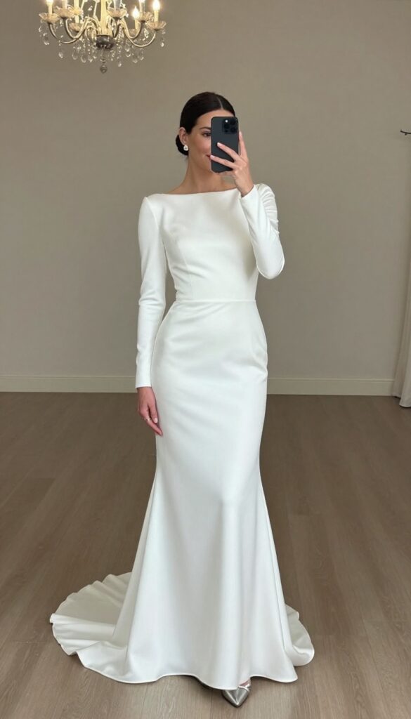 Woman in white mermaid wedding dress with long satin sleeves and thigh-high slit, standing in elegant ballroom with chandeliers, soft warm lighting