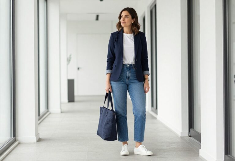 Woman in blazer, jeans, and white sneakers standing in office hallway