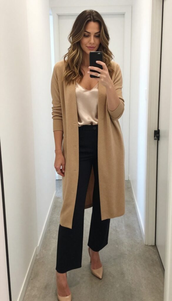 12. Long Cardigan + Silk Camisole + Cigarette Pants