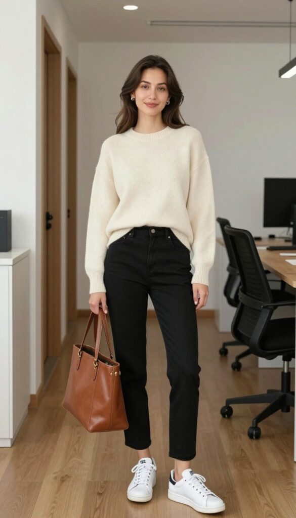 9. Pencil Skirt + Sweater + Classic Sneakers