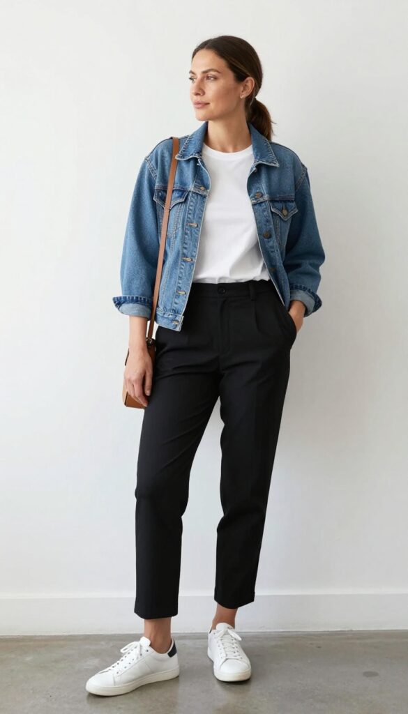 8. Black Pants + White Tee + Denim Jacket