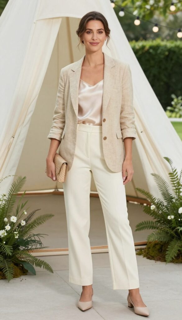 Woman in ivory tailored trousers and champagne silk camisole with beige linen blazer, nude flats, and woven clutch in backyard wedding setting