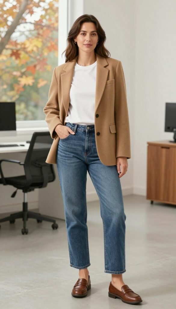1. Camel Blazer + White Tee + Straight-Leg Jeans + Loafers