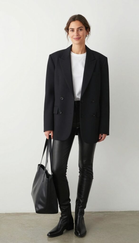 5. Oversized Blazer with T-Shirt and Leather Leggings