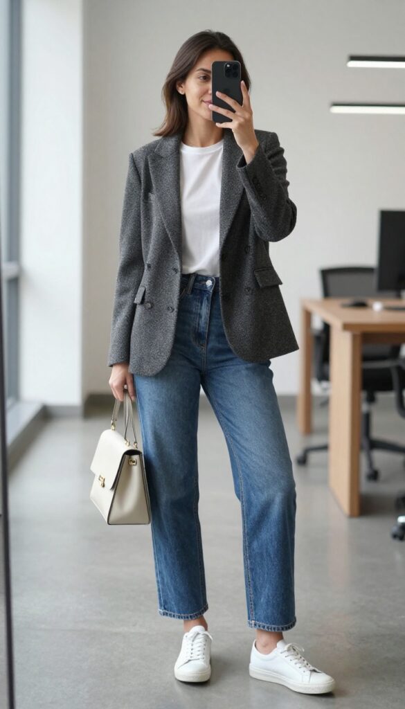 5. Knit Blazer + Wide-Leg Jeans + Sneakers