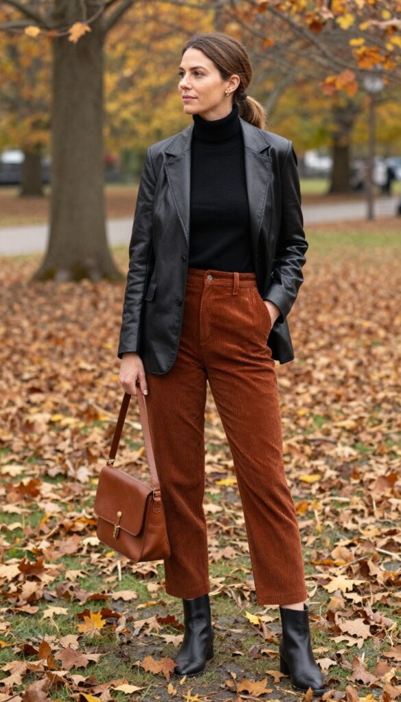 5. Corduroy Pants with a Turtleneck and a Leather Blazer