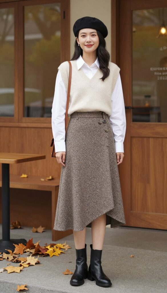 10. Asymmetrical Hem Skirt with Block Heel Booties and a Sweater Vest