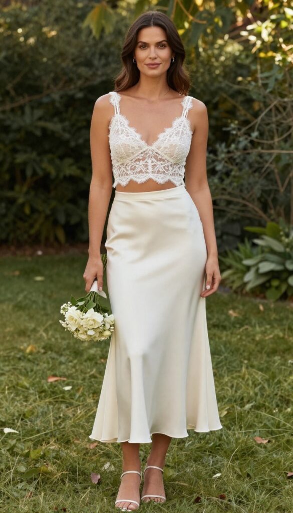 Woman in white lace crop top and high-waist satin skirt holding bouquet in garden