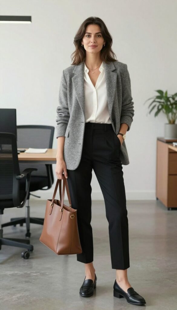 4. Gray Knit Blazer + White Blouse + Black Cropped Pants