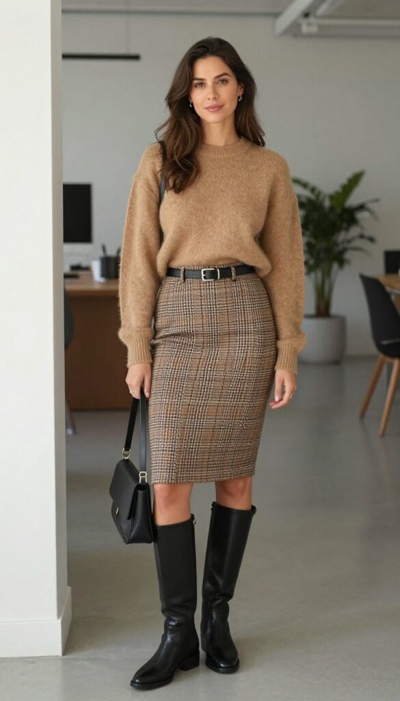 10. Camel Sweater + Plaid Midi Skirt + Knee-High Boots