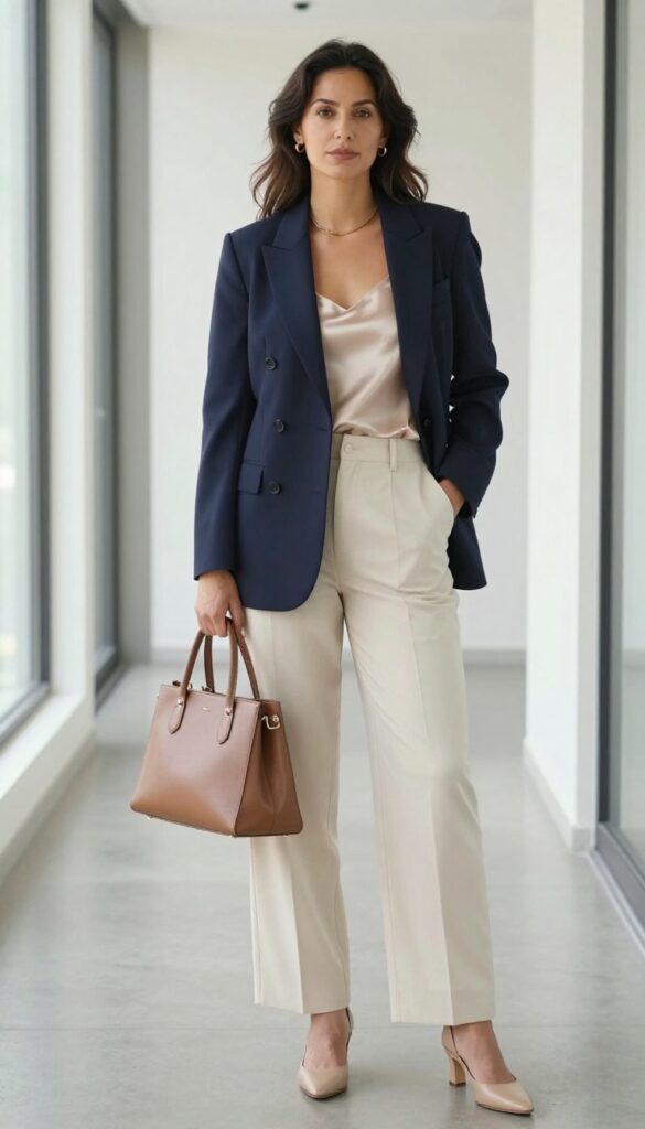 2. Blue Blazer + Silk Camisole + Wide-Leg Trousers + Heeled Mules