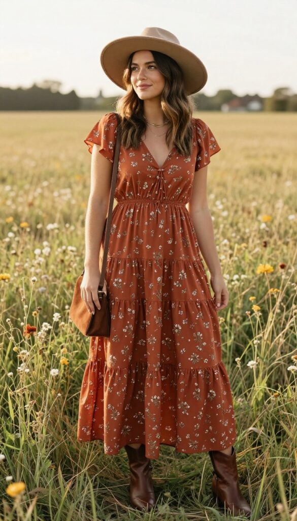 3. Boho Chic with a Tiered Maxi Dress and Wide-Brim Hat