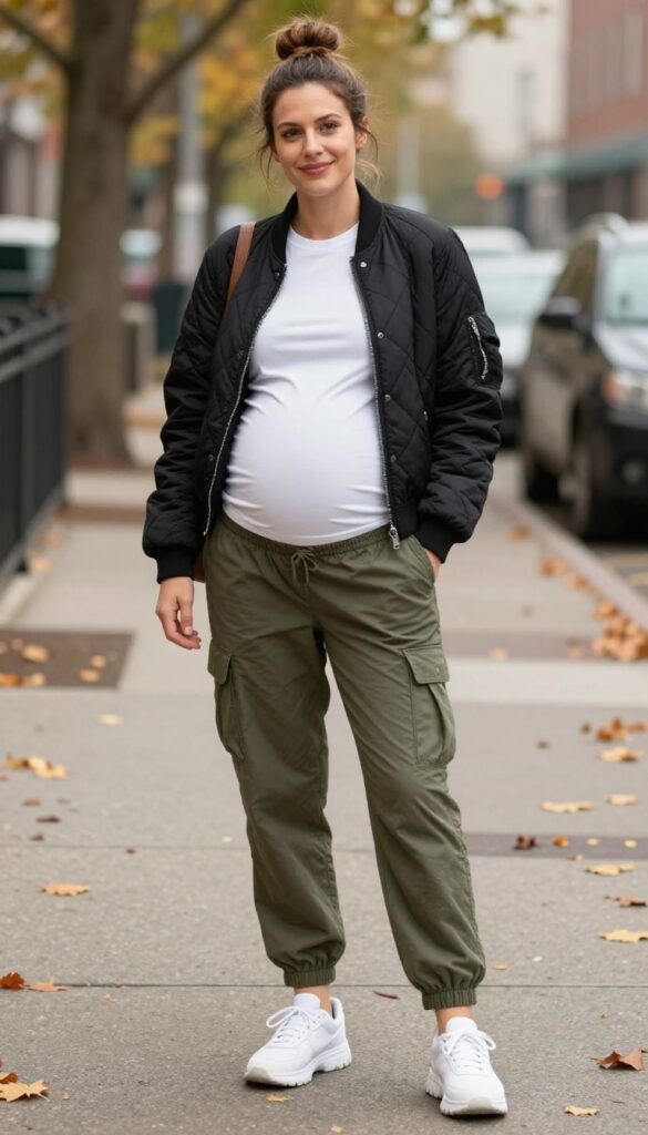 13. Maternity Cargo Pants with a Fitted Tee and Bomber Jacket