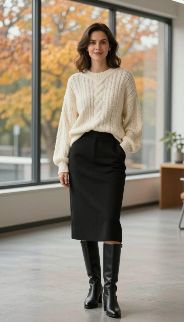 5. Chunky Sweater + A-Line Skirt + Knee-High Boots