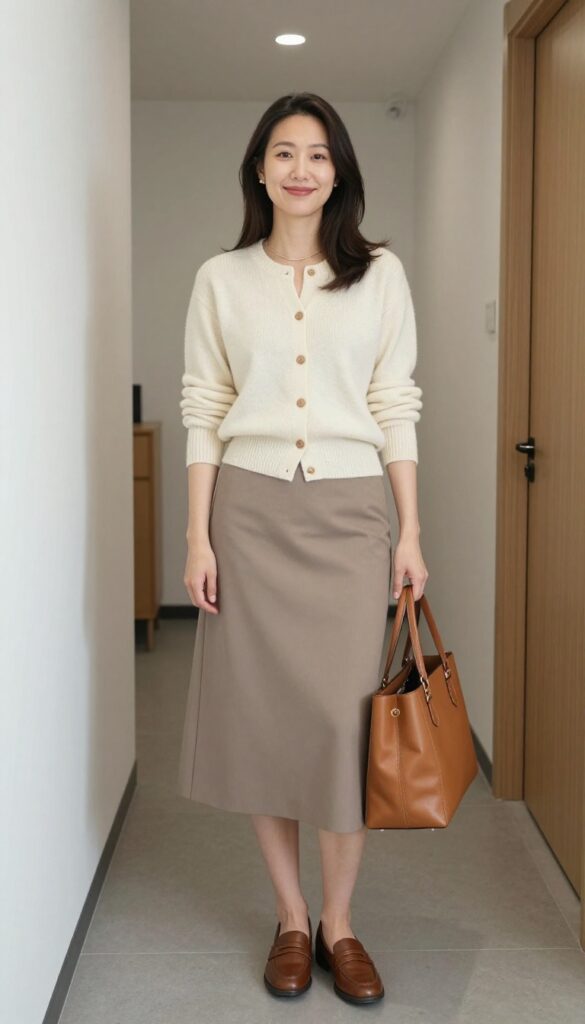 4. Cardigan + Midi Skirt + Loafers