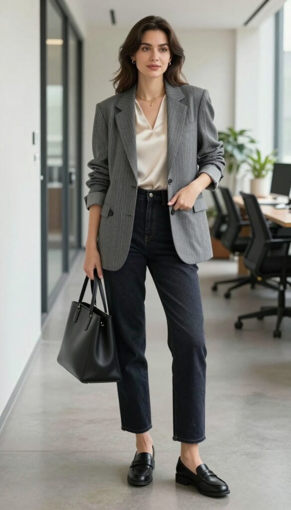 8. Pinstripe Blazer + Denim + Silk Shell